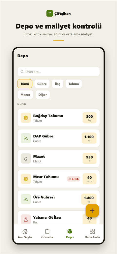 Depo — stok ve kritik seviye takibi